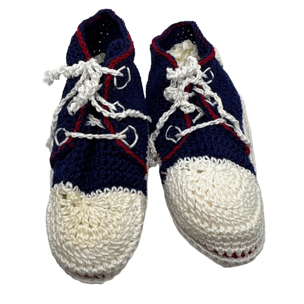 Handmade Crochet Baby Shoes High Top Sneaker Navy Blue White Red Baby Shower